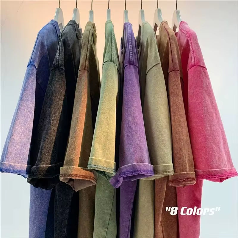 American Style Retro Heavyweight Solid Color Short Sleeved T-Shirt Men Women Summer Street Trendy Washed Old Oversized Clothes