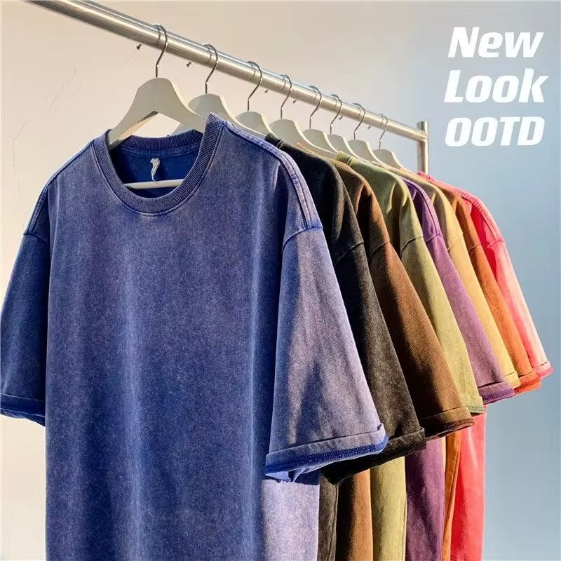 American Style Retro Heavyweight Solid Color Short Sleeved T-Shirt Men Women Summer Street Trendy Washed Old Oversized Clothes