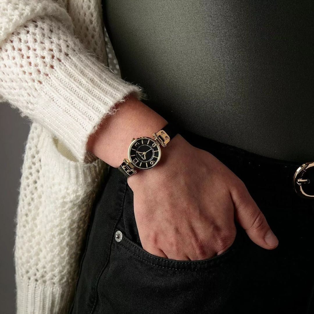 Anne Klein Women Watch round Case Analog Dial Leather Strap Watch- Gold/Black