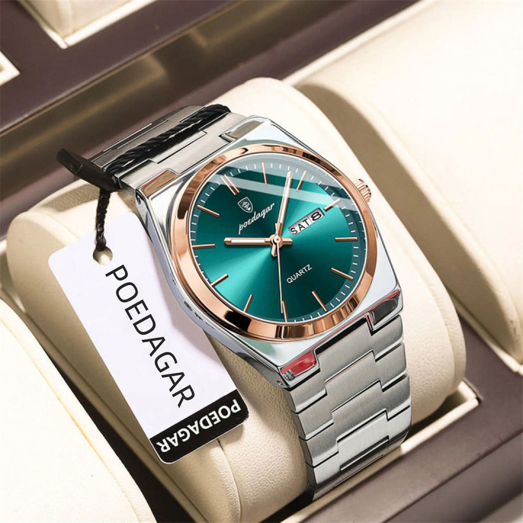 Men Gold Green Quartz Stainless Steel Fashion Watch Analog Waterproof Luminous Date Wristwatch