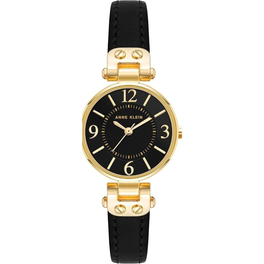 Anne Klein Women Watch round Case Analog Dial Leather Strap Watch- Gold/Black