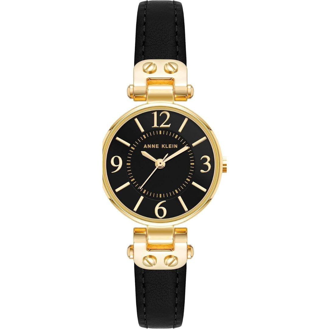 Anne Klein Women Watch round Case Analog Dial Leather Strap Watch- Gold/Black